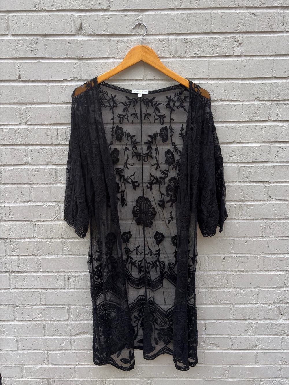 Black Sheer Boho Embroidered Woven Heart Kimono Cardigan - Picture 1 of 9